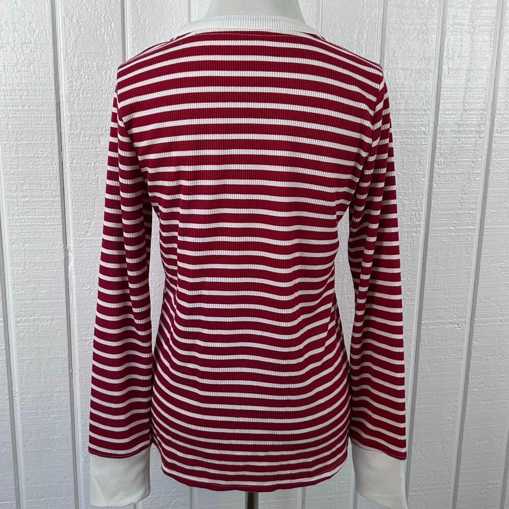 Lucky Brand Red White Stripe Henley Top Small Waffle Knit Long Sleeve Casual - Picture 5 of 6